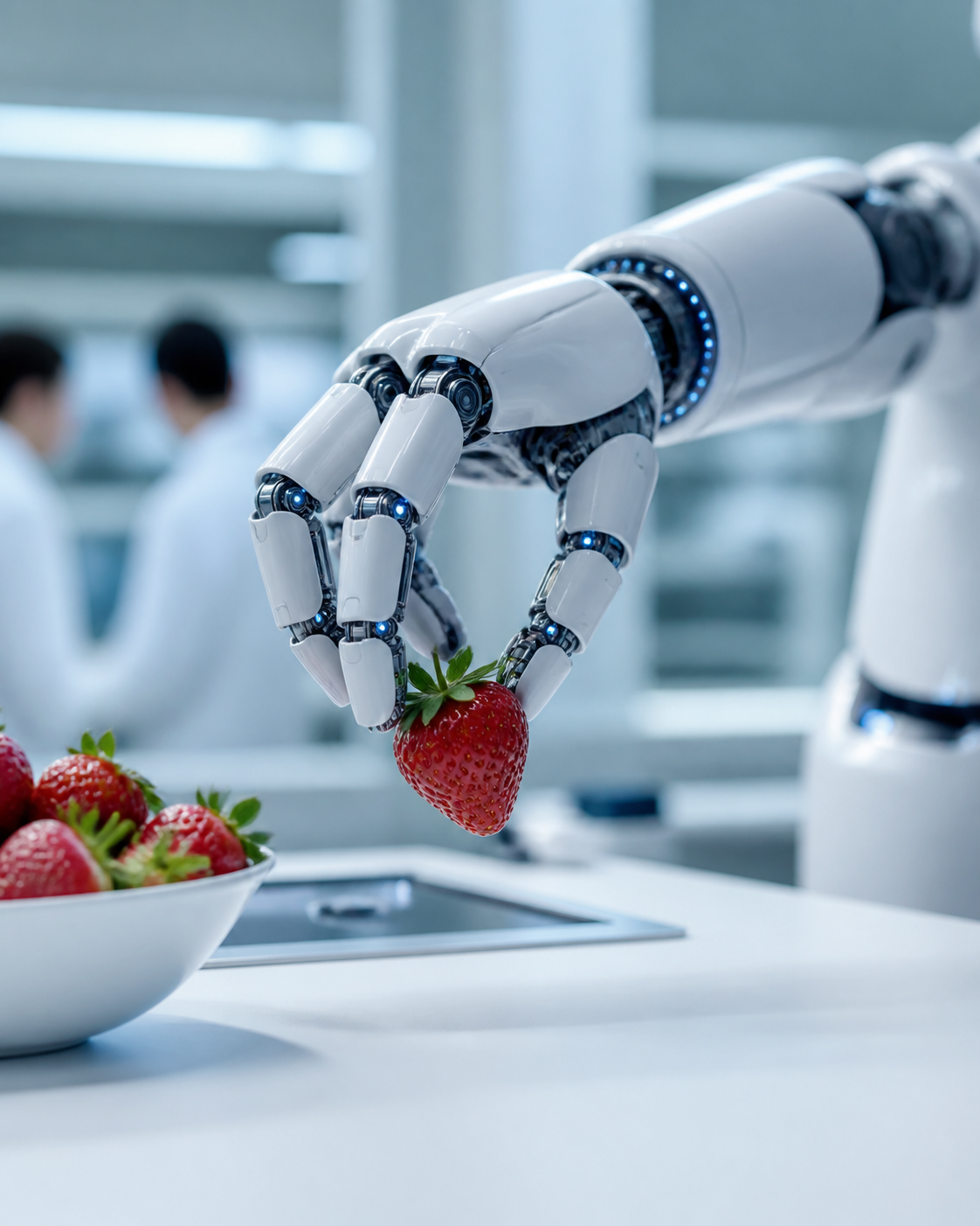 Robotic arm delicately grasping a strawberry with sensor feedback in a lab setting.