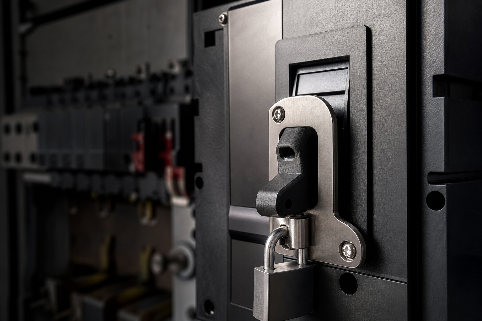A macro editorial shot of an industrial electrical switch with a safety locking mechanism.