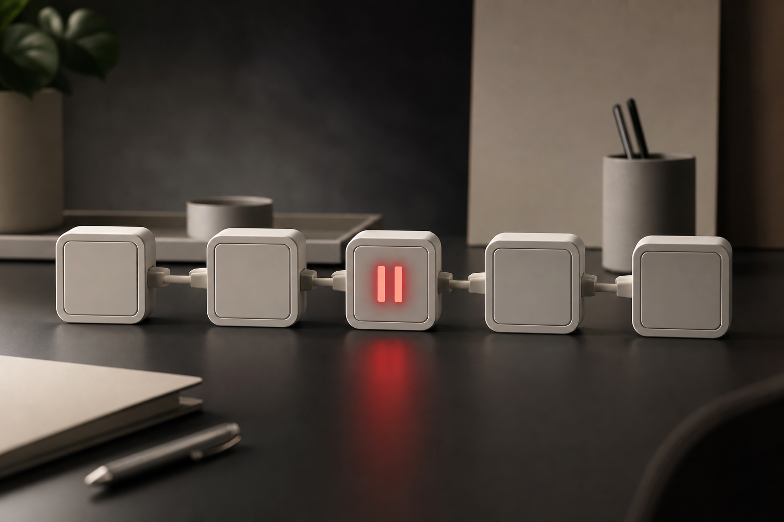 Editorial still life of a controlled workflow