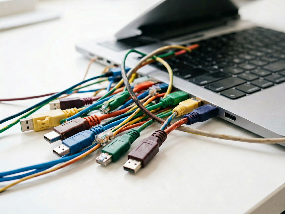 A tangled knot of colorful cables on a desk, symbolizing failed data integration and complex workflows