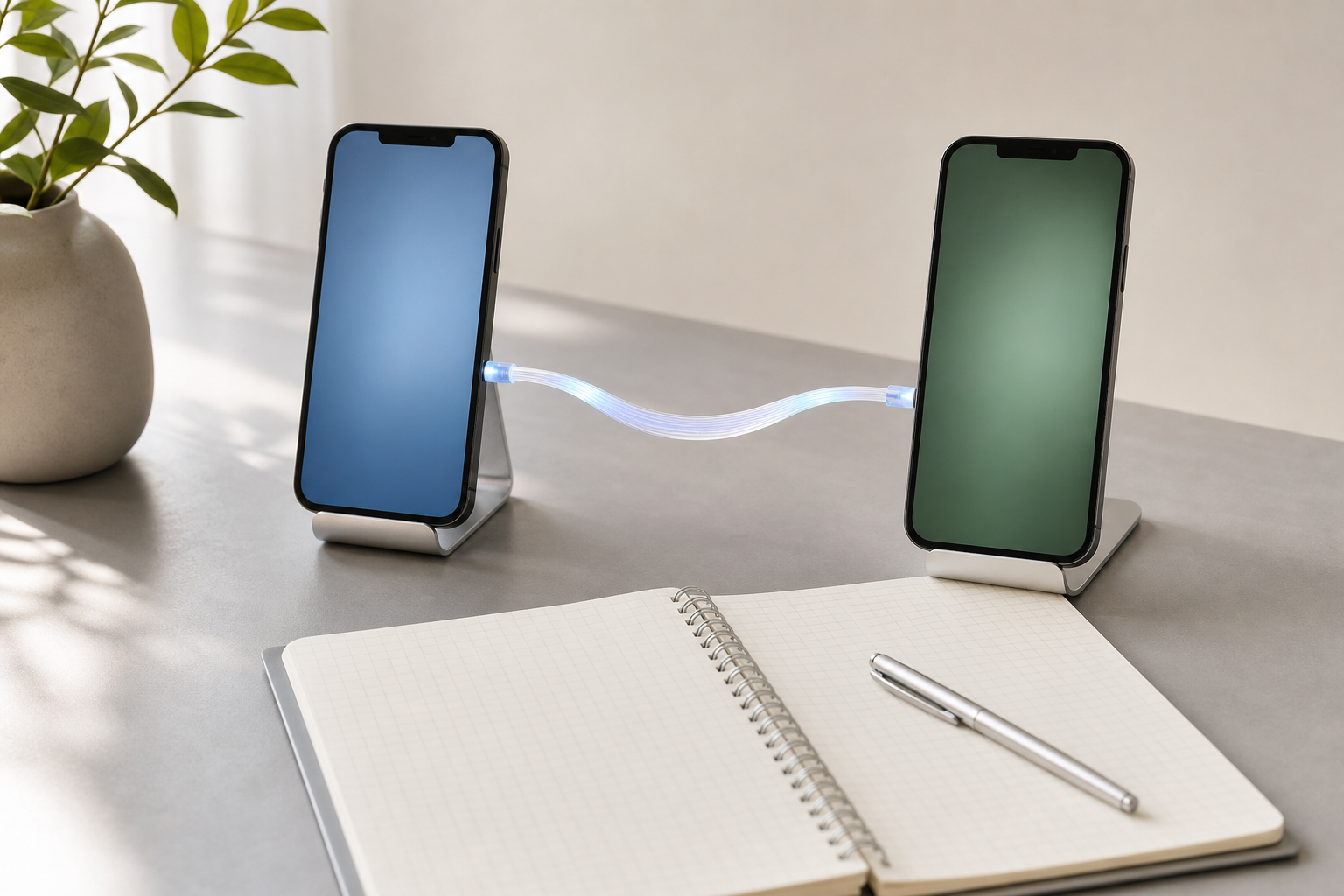 Editorial still life of two smartphones on a desk connected by a glowing fiber-optic cable, with a neatly organized weekly report notebook.