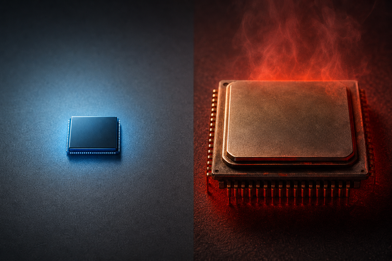 A conceptual editorial image showing a compact, efficient chip next to a larger, overheating component, symbolizing the choice between 1.8B and 7B models.