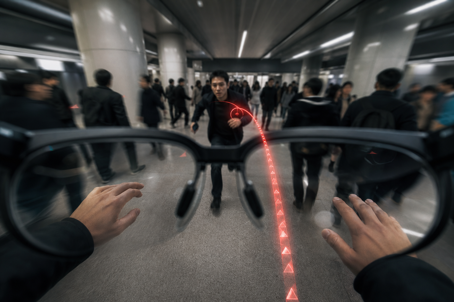 POV view through AI glasses showing a predictive collision warning in a crowded subway.