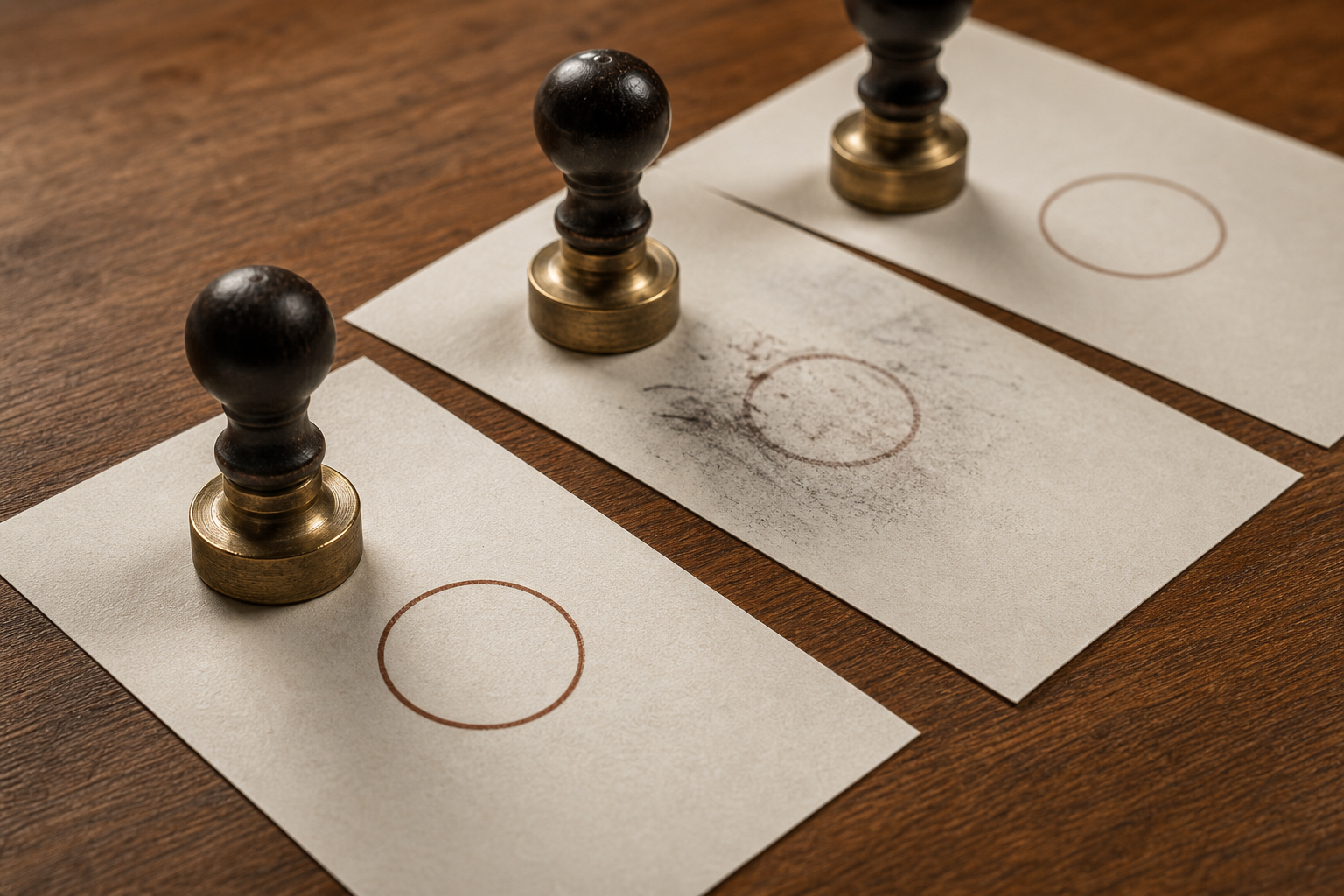 A row of three rubber stamps on a desk, each stamping a different blank paper, with a magnifying glass revealing a gap between the original and final documents.