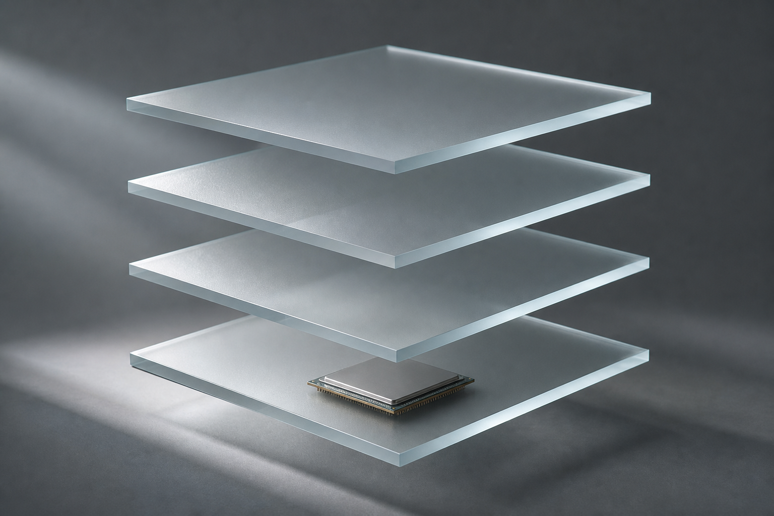 A conceptual editorial image showing a stack of semi-transparent glass layers with a sleek processor chip at the base.