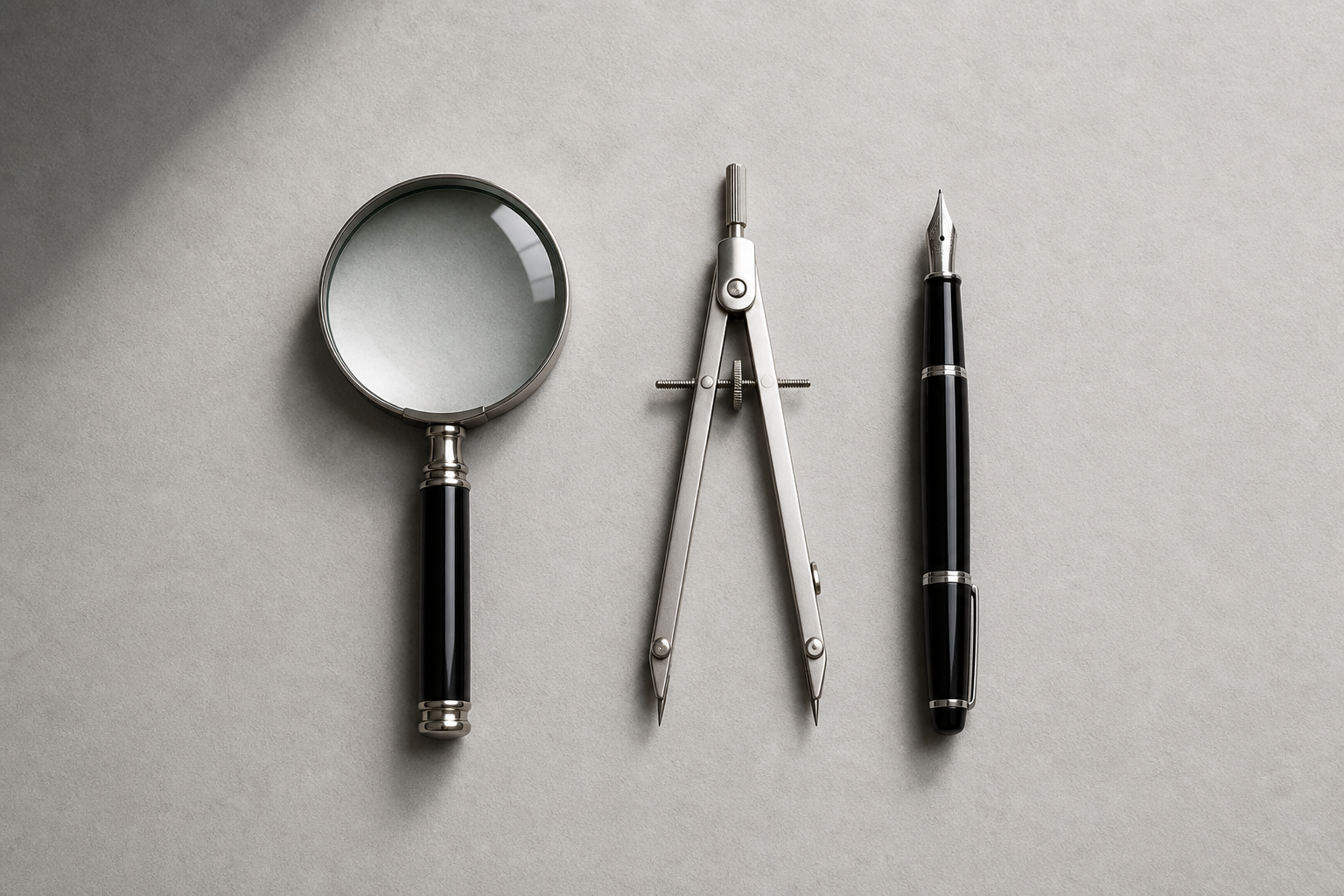 A minimalist flat lay of a magnifying glass, a drafting compass, and a fountain pen arranged in a sequence on a grey desk.