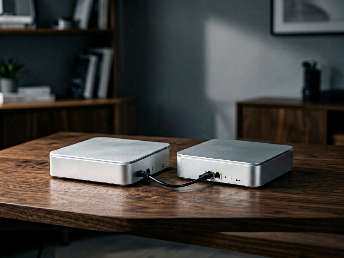 Two silver compact aluminum workstations connected by a cable on a dark desk.