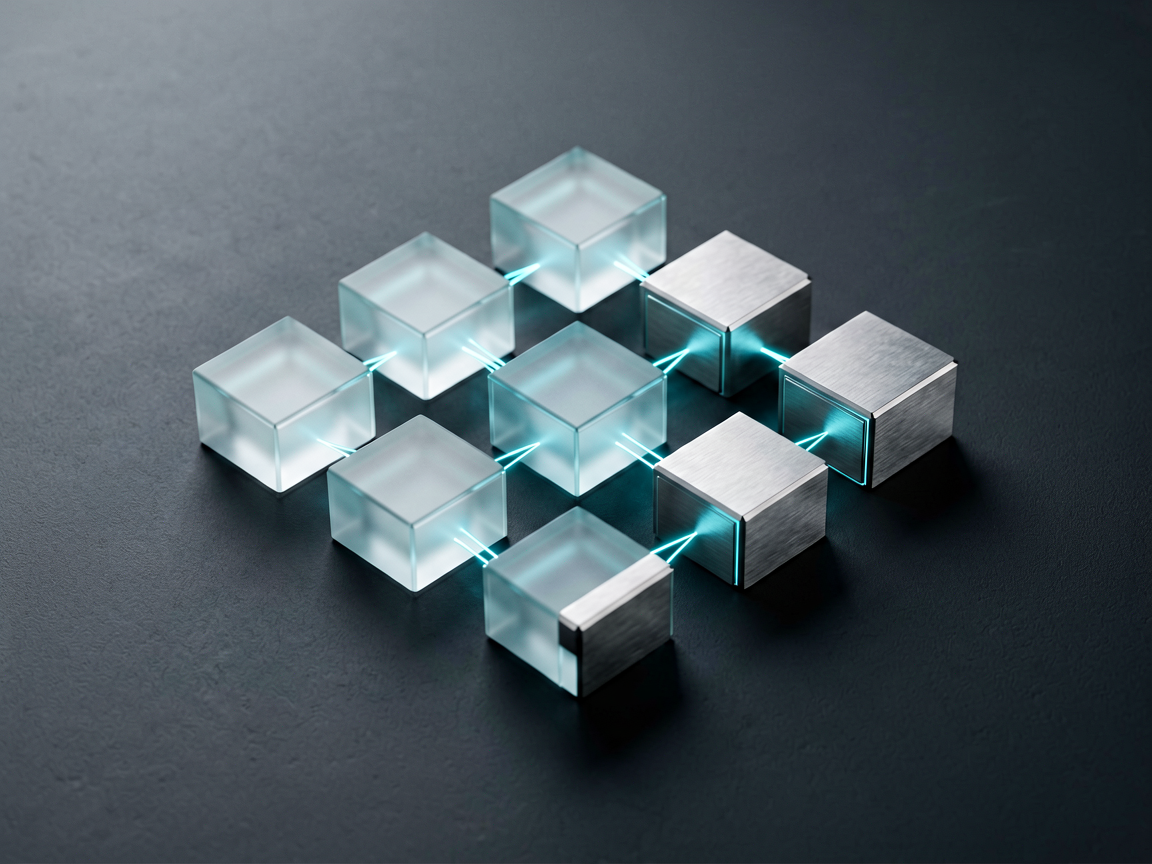 A minimalist, futuristic representation of a modular automated workflow.