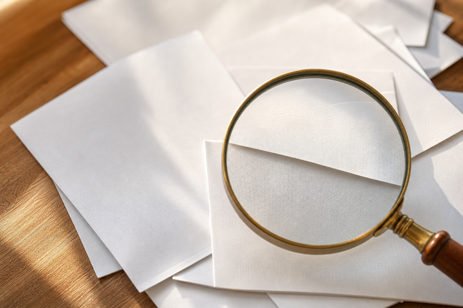 A scattered pile of paper salary slips and folded job-offer documents on a desk, with a magnifying glass isolating one slip.