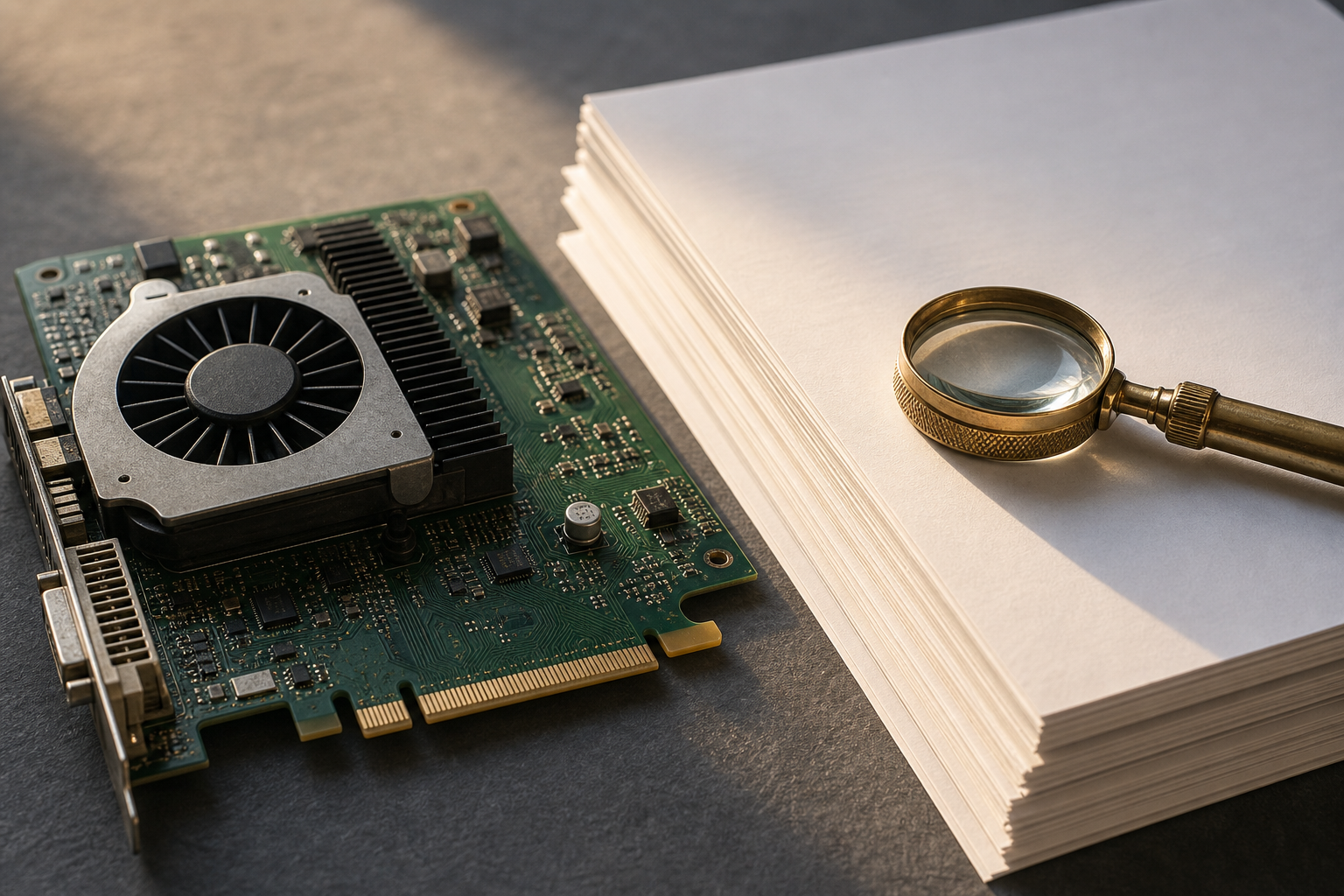 Editorial still life of a GPU circuit board, stacked legal contracts, and a jeweler's magnifying loupe on a desk