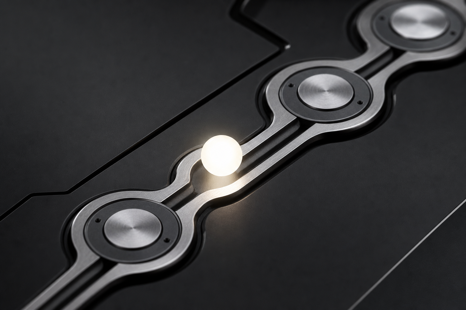A conceptual editorial image showing a structured mechanical pathway guiding a glowing element through distinct stages, symbolizing controlled workflow manageme