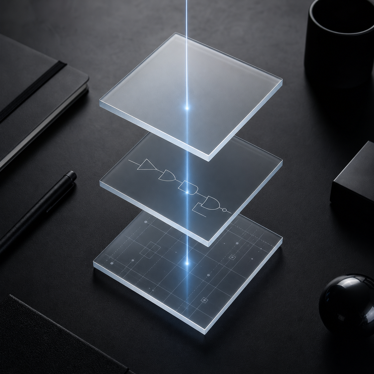 A conceptual editorial image showing a structured workflow from requirements to automation, represented by clean geometric layers and a focused path.