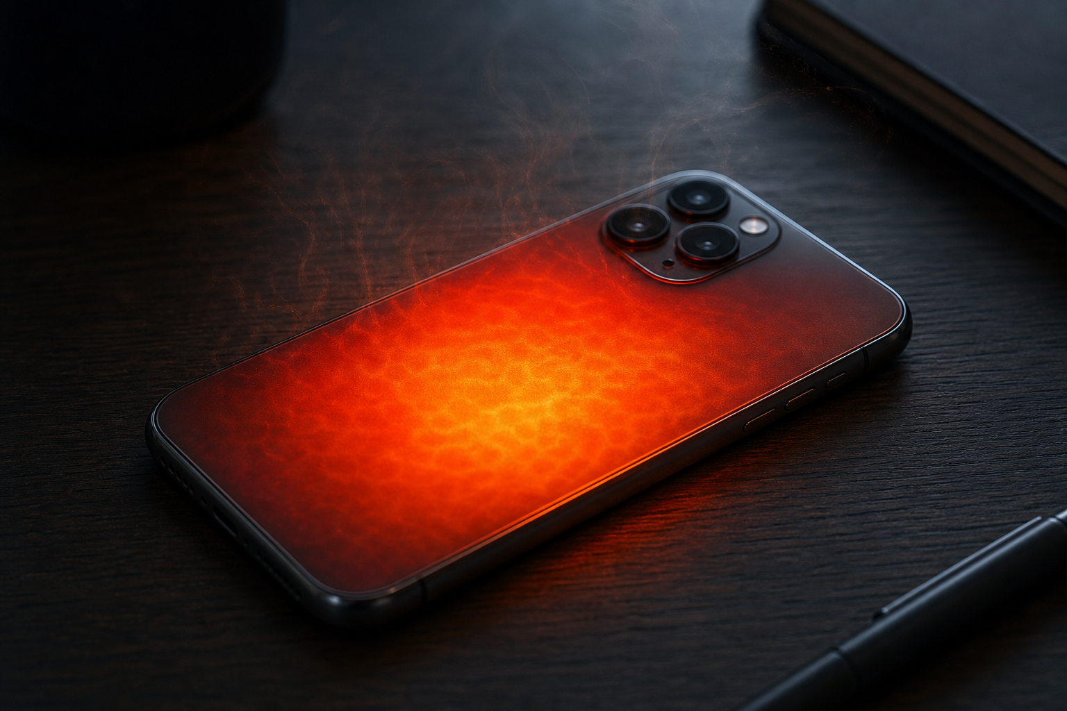 A smartphone glowing with intense heat, resting on a surface, symbolizing the strain of local AI video generation.
