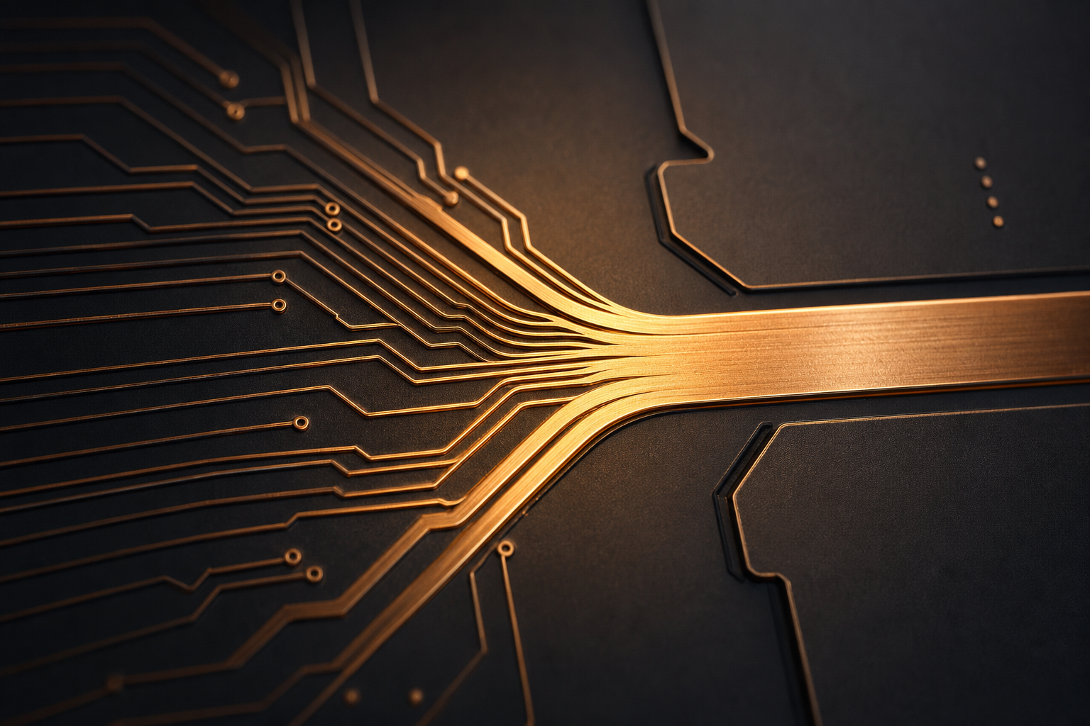 Macro photograph of streamlined copper micro-pathways merging on a dark silicon chip.