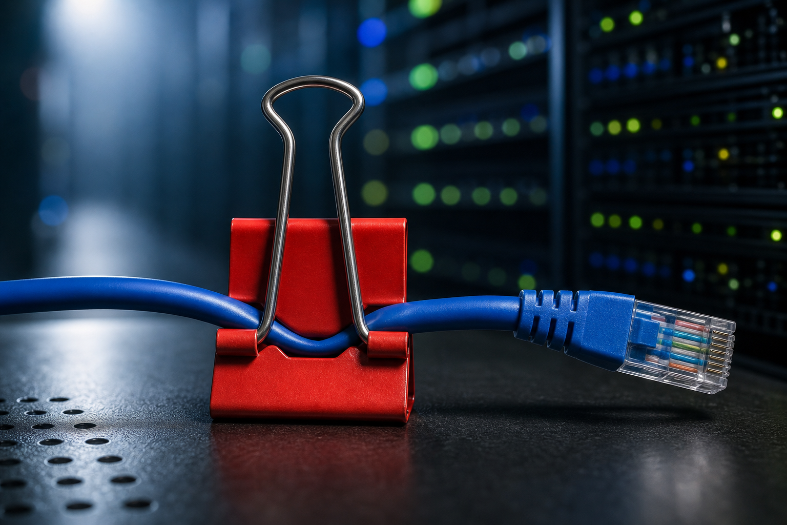 A network cable clamped by a red binder clip, representing a communication choke point in an AI cluster.