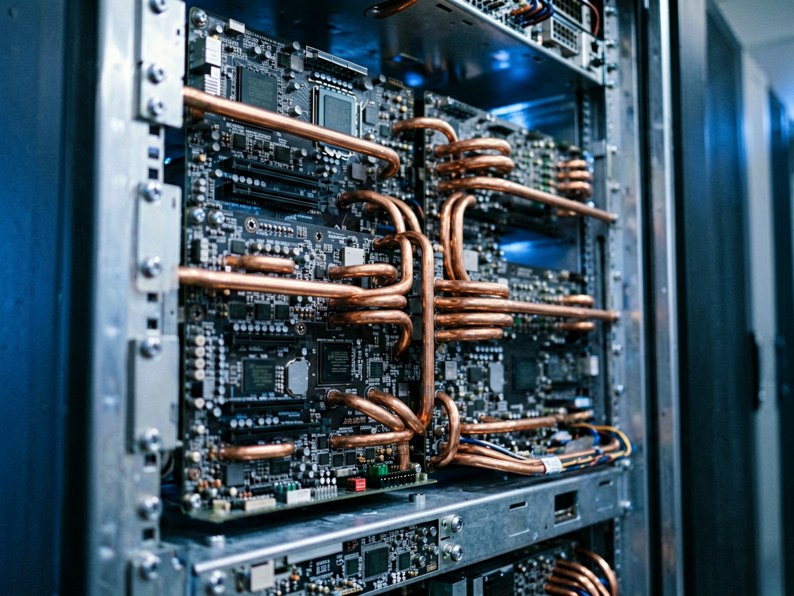 A high-tech editorial shot of a dense server rack with cooling pipes, symbolizing industrial-grade AI computing power