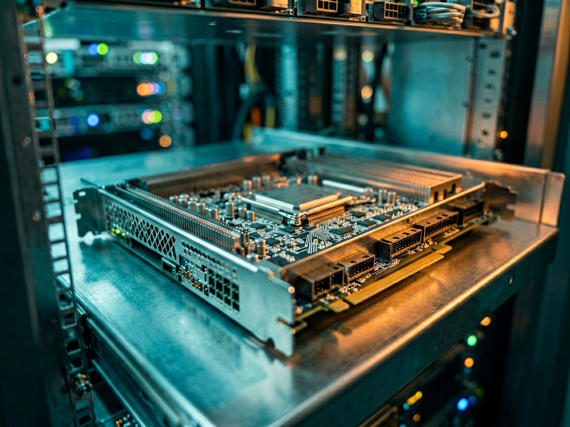 A detailed macro shot of a high-performance server chip module with complex circuitry, illuminated by cool blue and warm amber lighting to represent computation