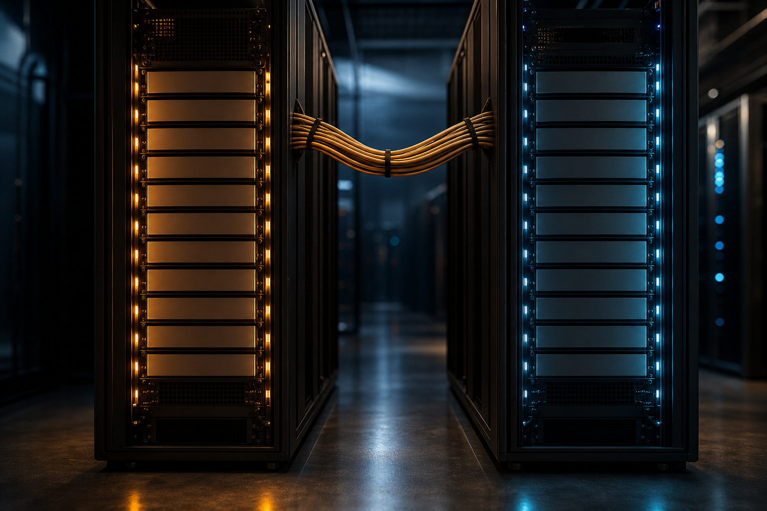 Two server racks side by side in a dim data center, one warm amber, one cool blue, connected by fiber cables.