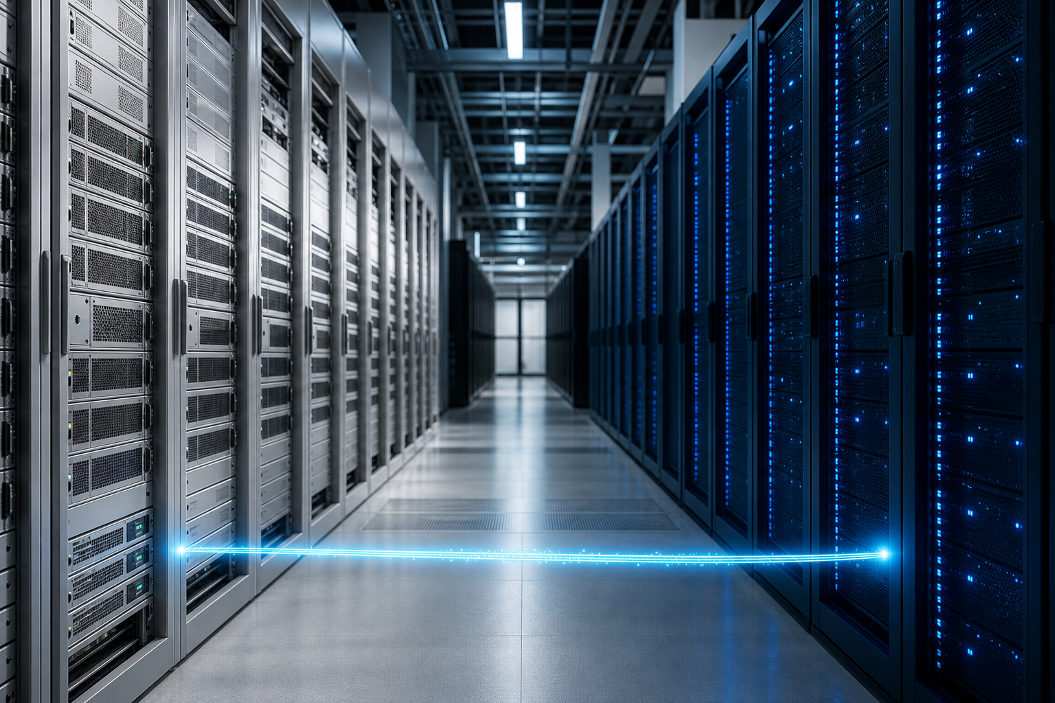 A conceptual editorial shot showing a seamless bridge between two distinct server rack environments, symbolizing hardware migration.