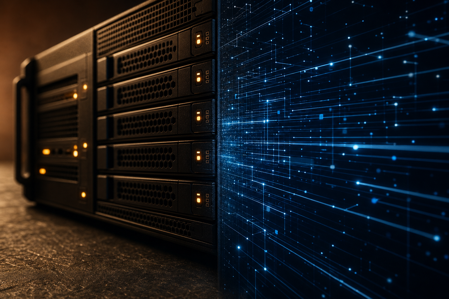 A conceptual split-screen composition showing a warm-toned server rack merging into a cool-toned digital network structure