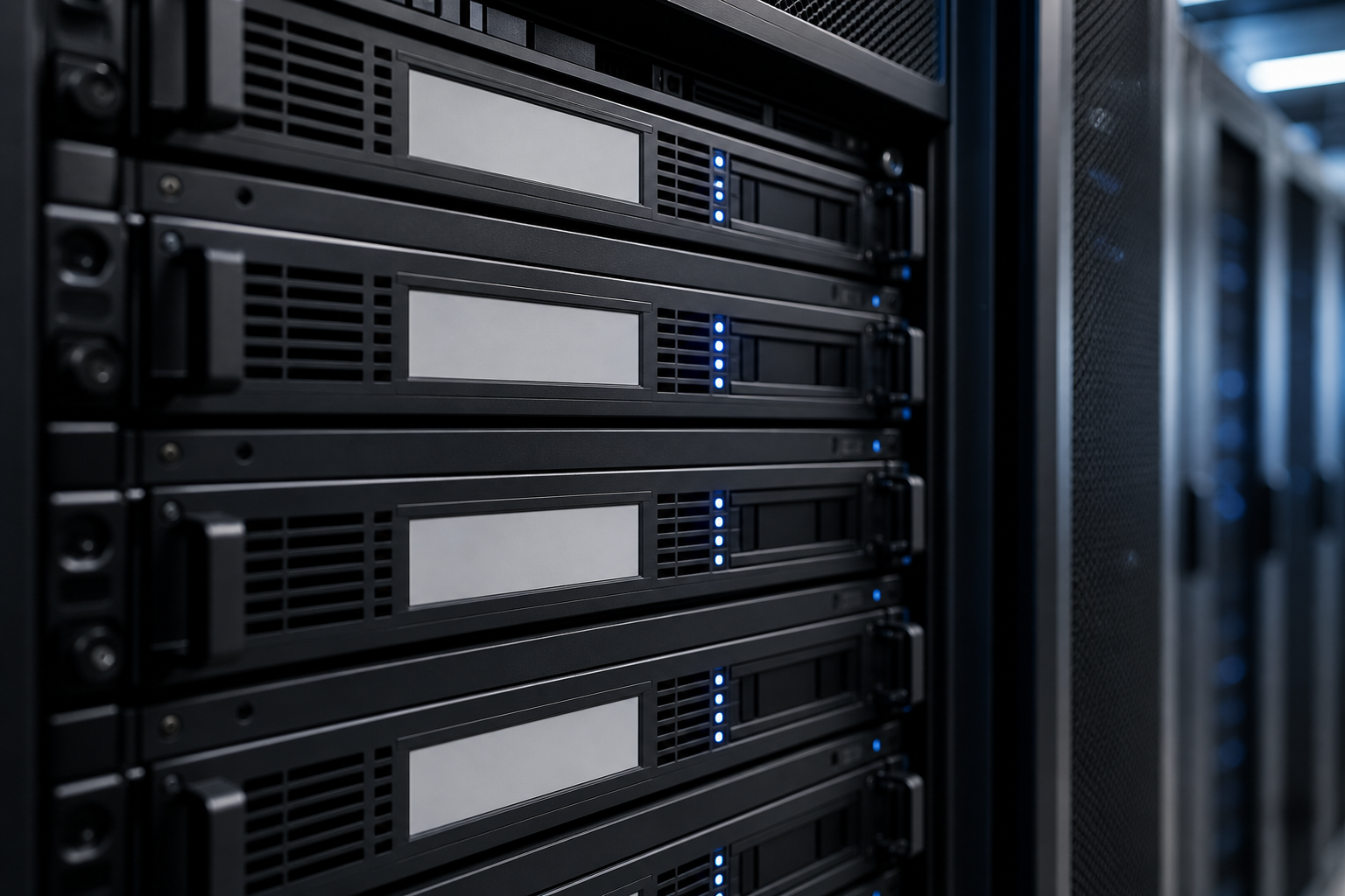Server rack with blank labels and status lights