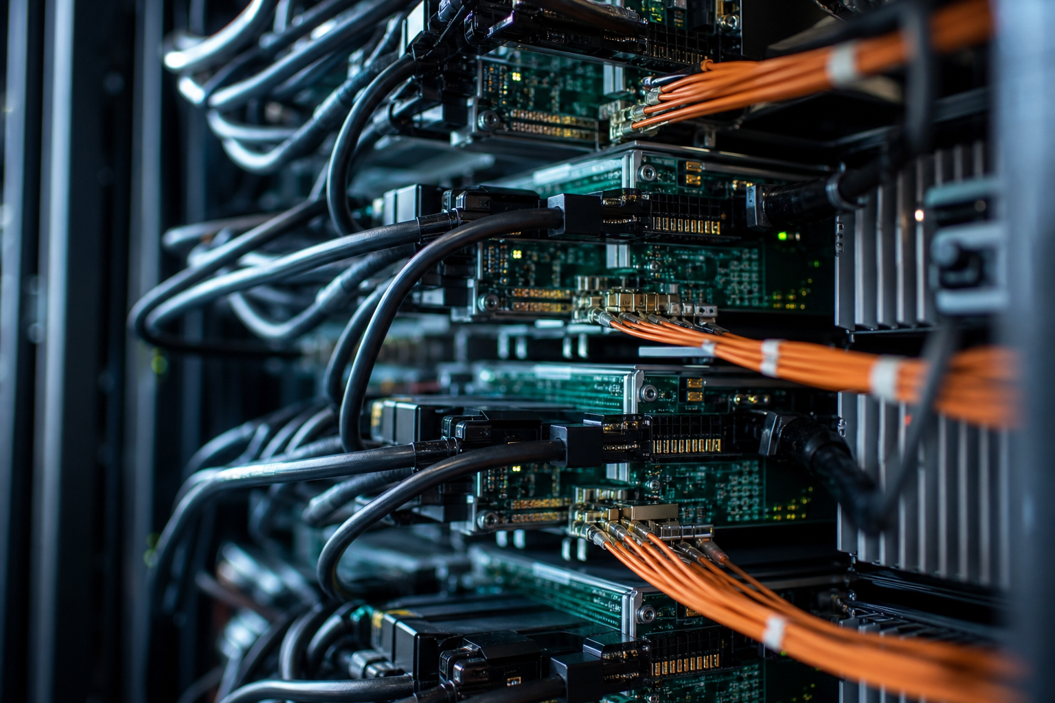 A detailed close-up of high-performance server rack internals with intricate cabling and cooling components