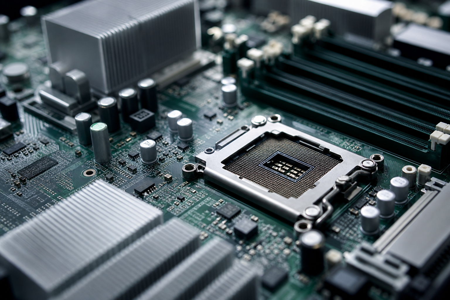 A detailed view of a complex circuit board with various components and connection points