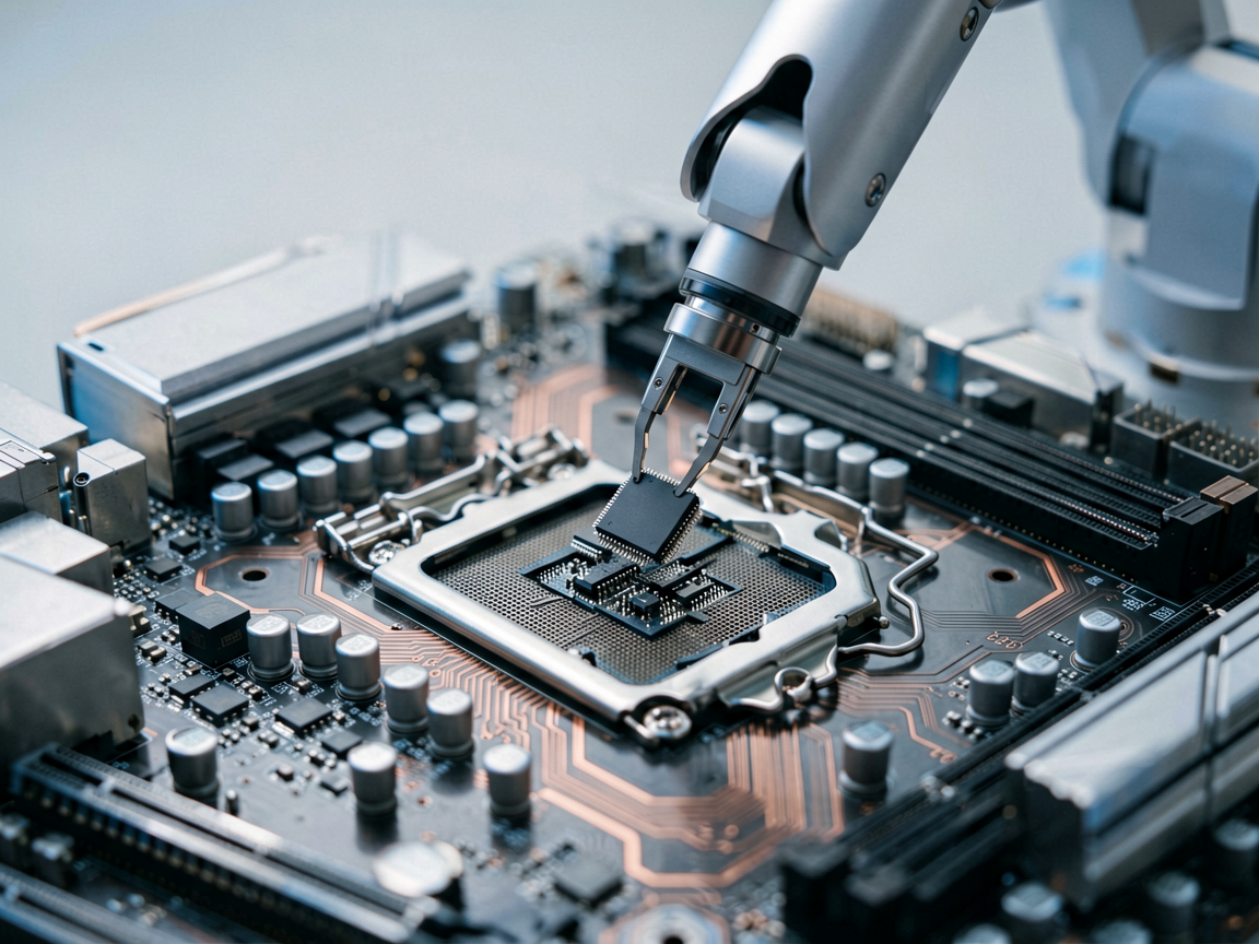 A detailed macro shot of a complex circuit board with a missing component being filled by a precise robotic arm, symbolizing the engineering effort to complete 
