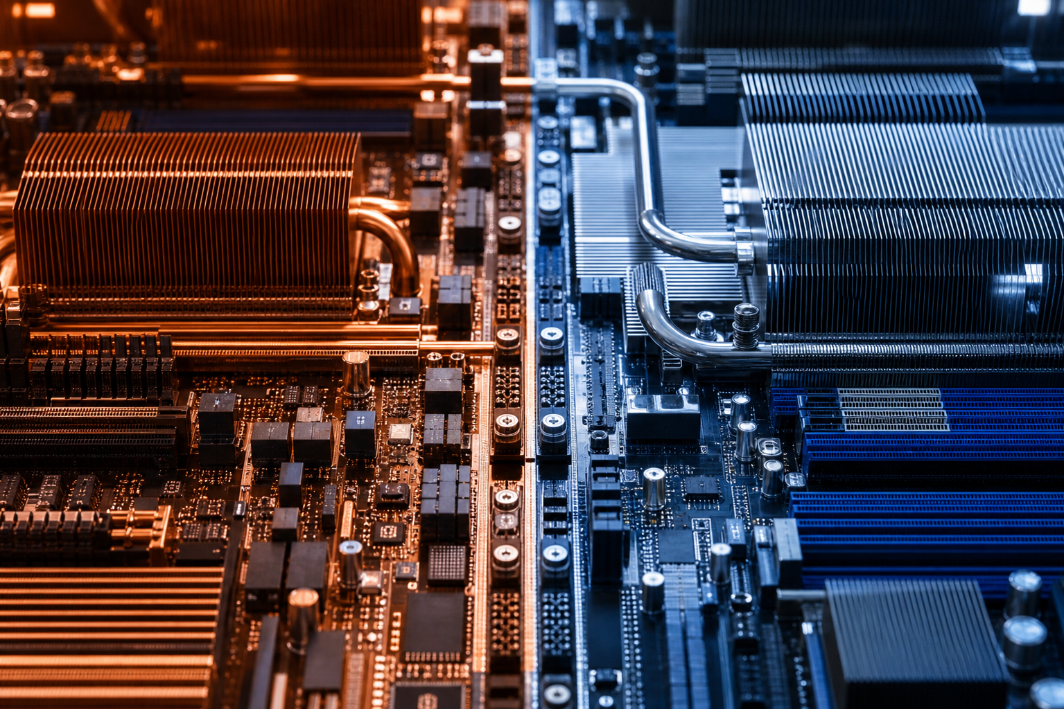 A close-up editorial shot of a complex circuit board with distinct red and blue pathways, symbolizing the transition between two different computing architectur