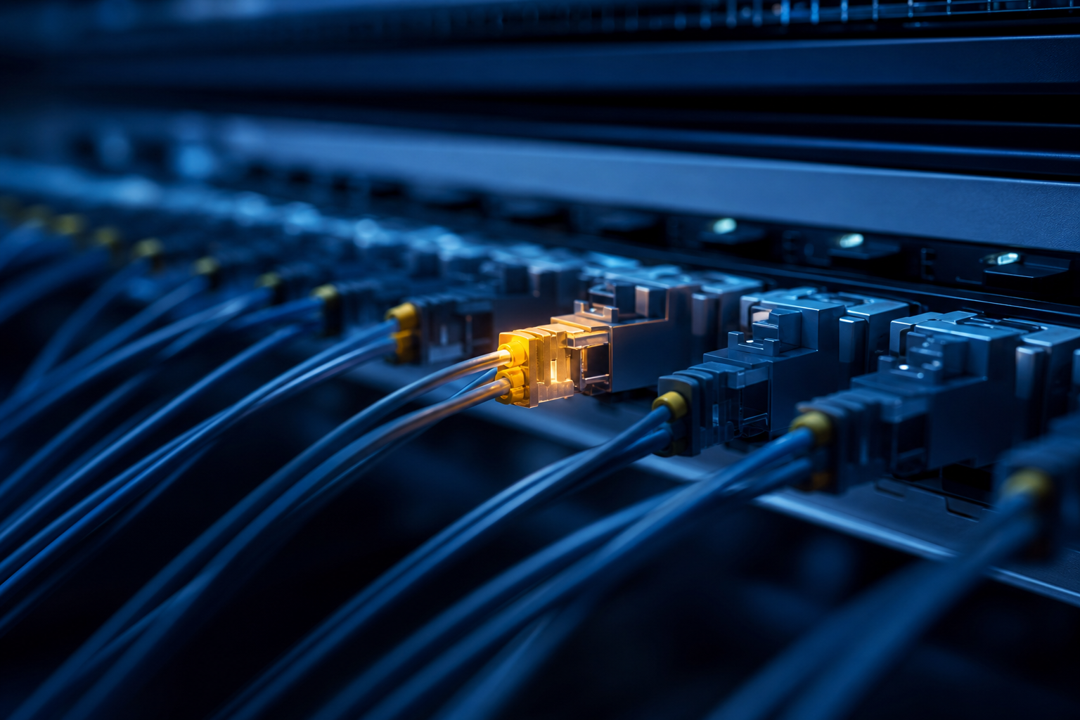 Macro shot of fiber optic cables in a data center with one point highlighted in amber light.