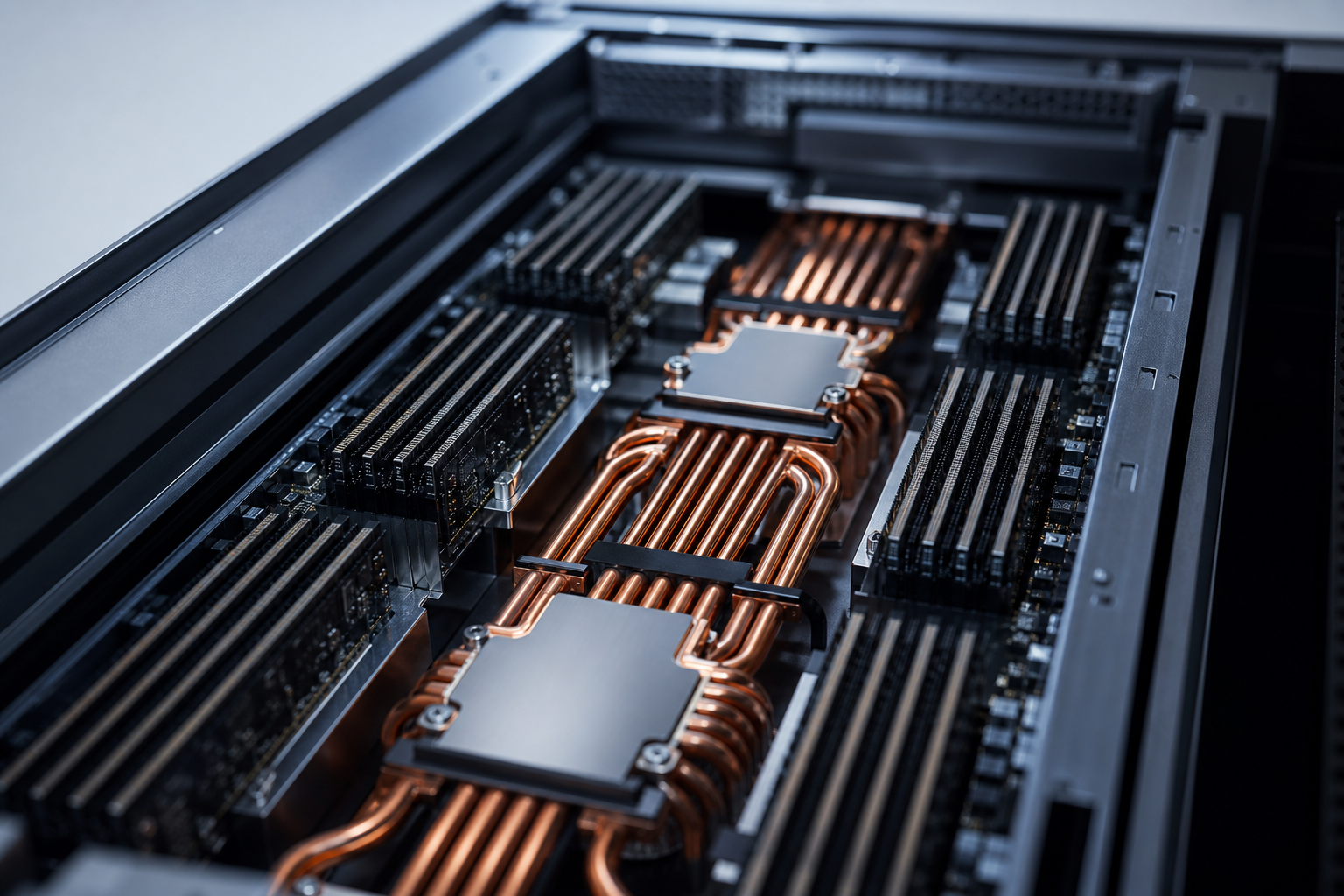 Abstract architectural view of server rack internals representing computational precision