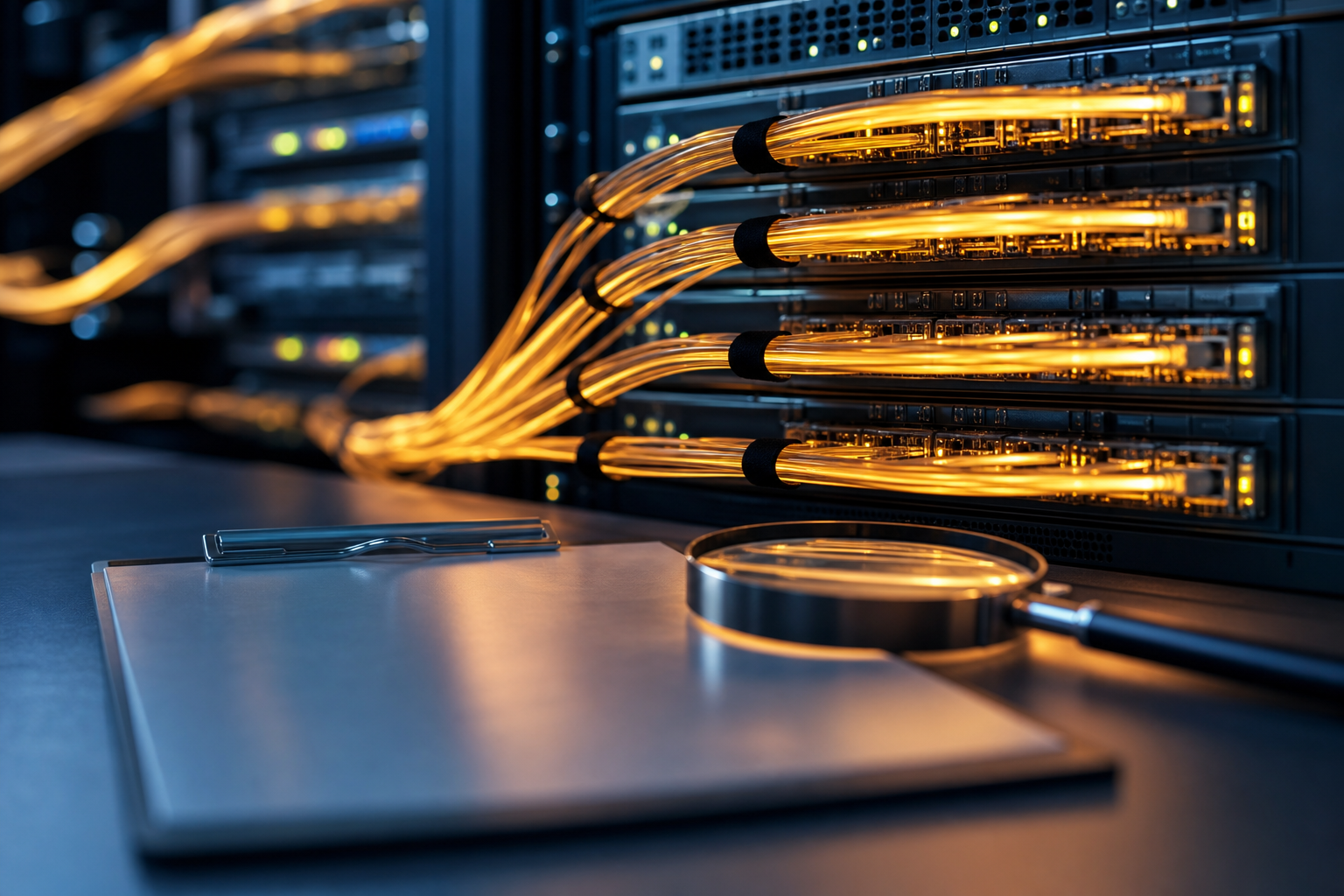 Editorial still life of a server rack connected by illuminated fiber optic cables, with a diagnostic clipboard and magnifying tool.