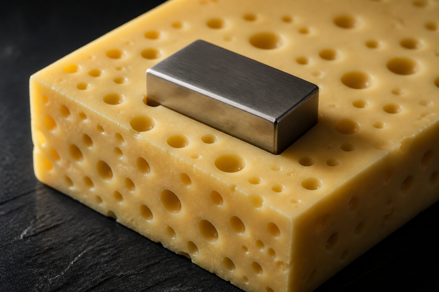 Swiss cheese with holes too small for a key, symbolizing fragmented memory blocks preventing allocation despite available space.