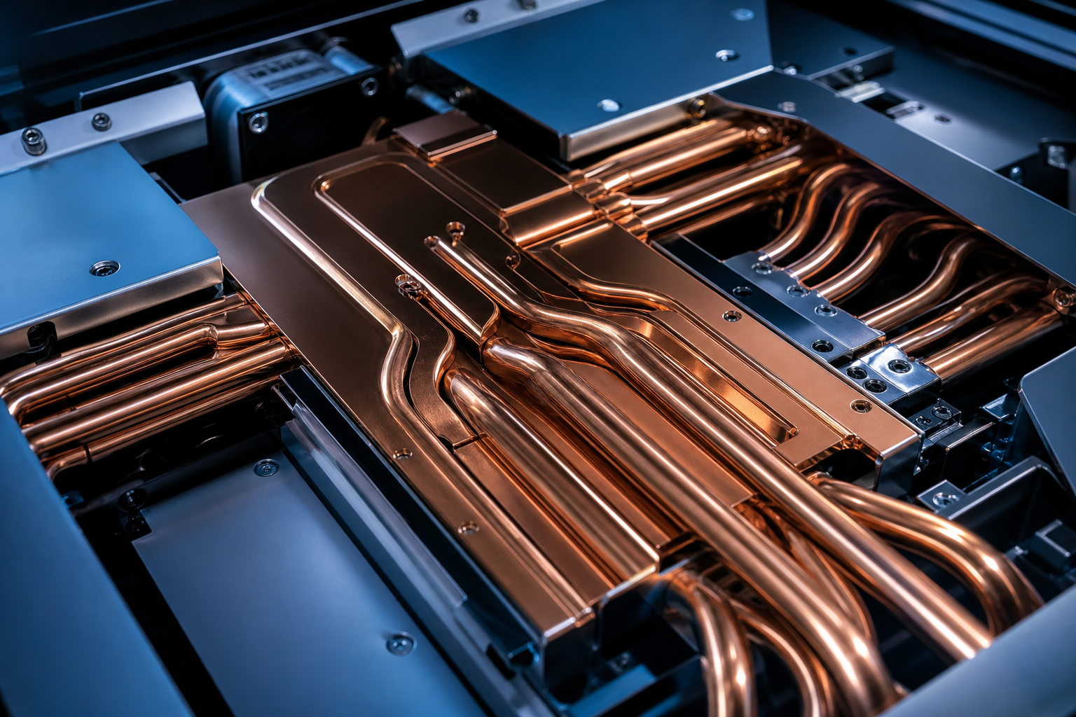 A high-end editorial macro shot of a server rack's internal cooling system, emphasizing thermal flow and structural integrity.