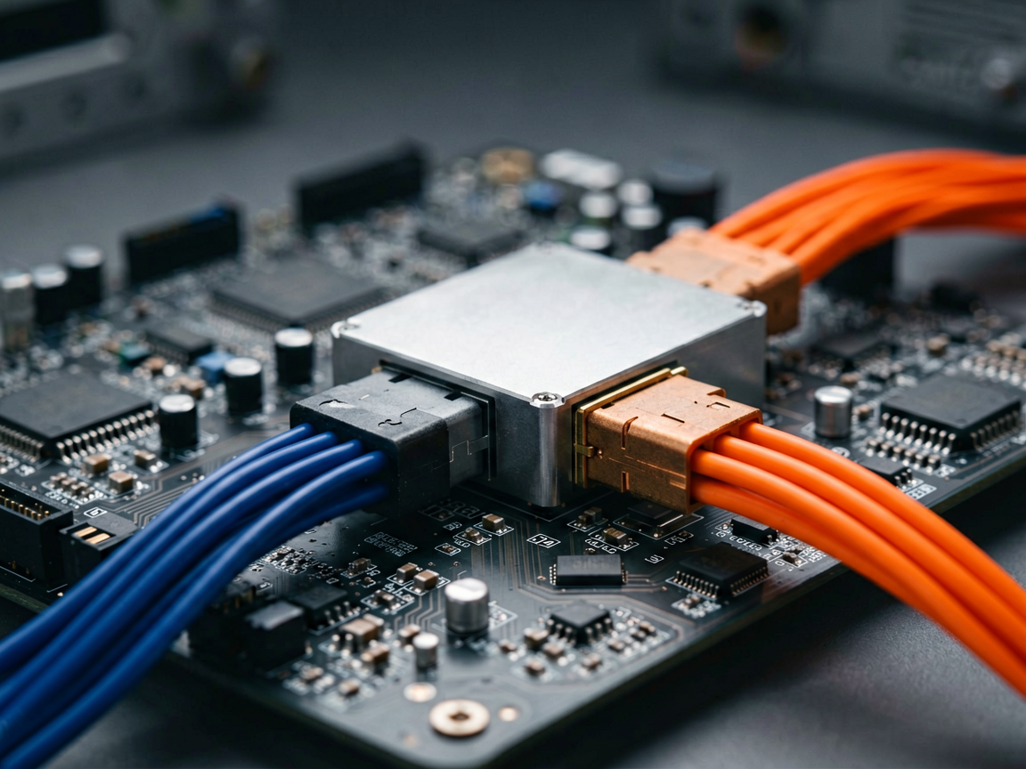 A detailed view of a complex circuit board with distinct pathways merging, symbolizing software migration and hardware integration challenges in AI computing.