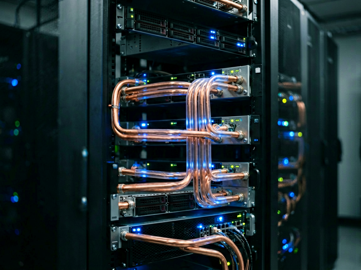 A modern data center server rack with liquid cooling pipes and blue ambient lighting
