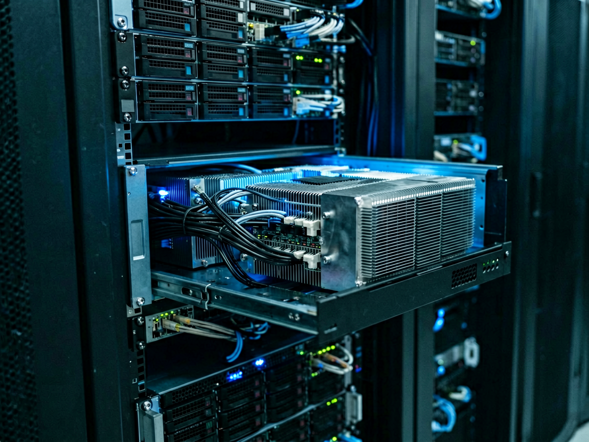 Inside a data center server rack with cables and heatsinks
