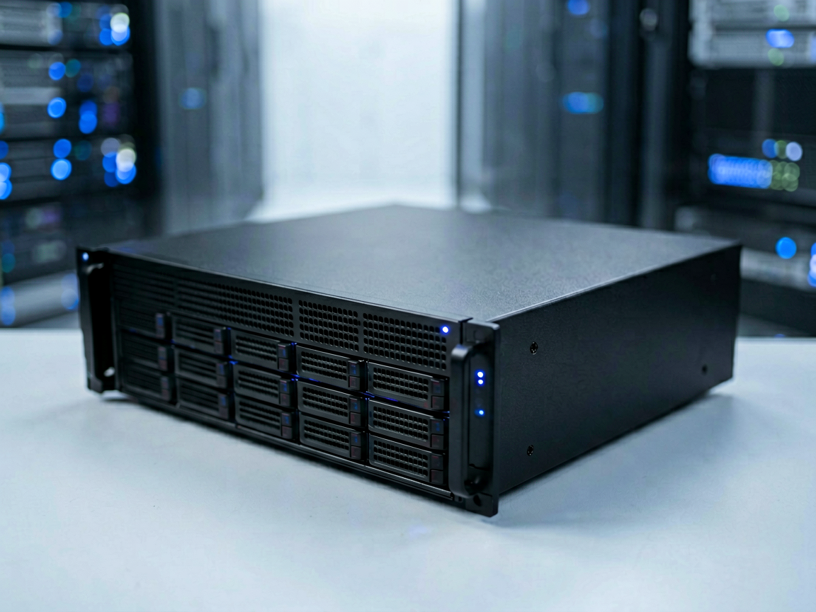 Close-up of sleek, dark server rack components with subtle blue LED indicators in a modern data center