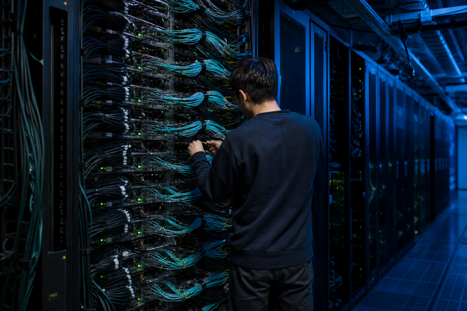 A large server rack in a data center with a technician inspecting connections