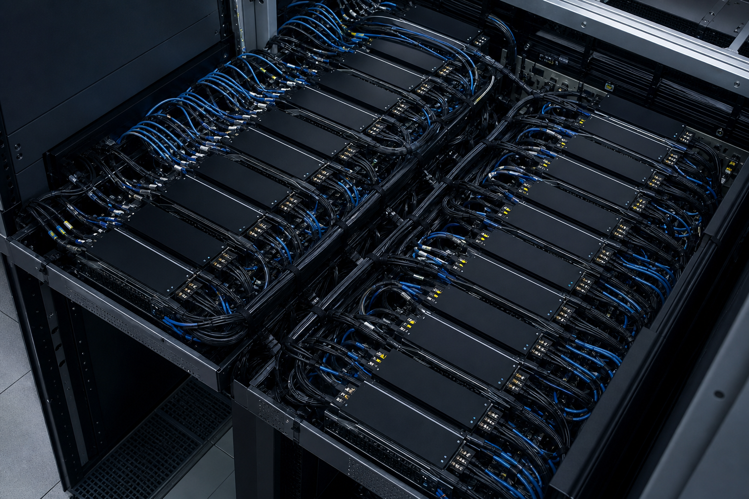 Server rack densely packed with interconnected AI accelerator chips and cables in a data center