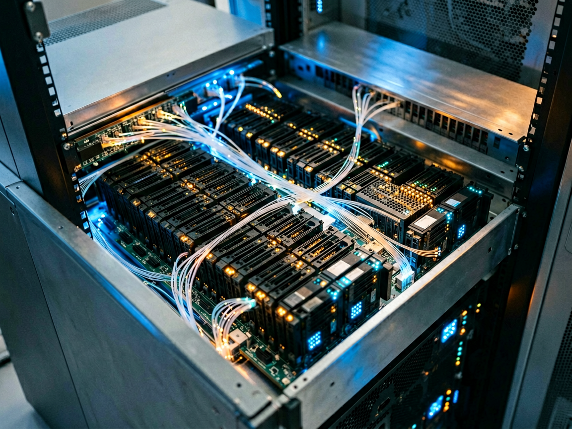 Abstract representation of complex data flow and server infrastructure symbolizing software optimization in AI computing