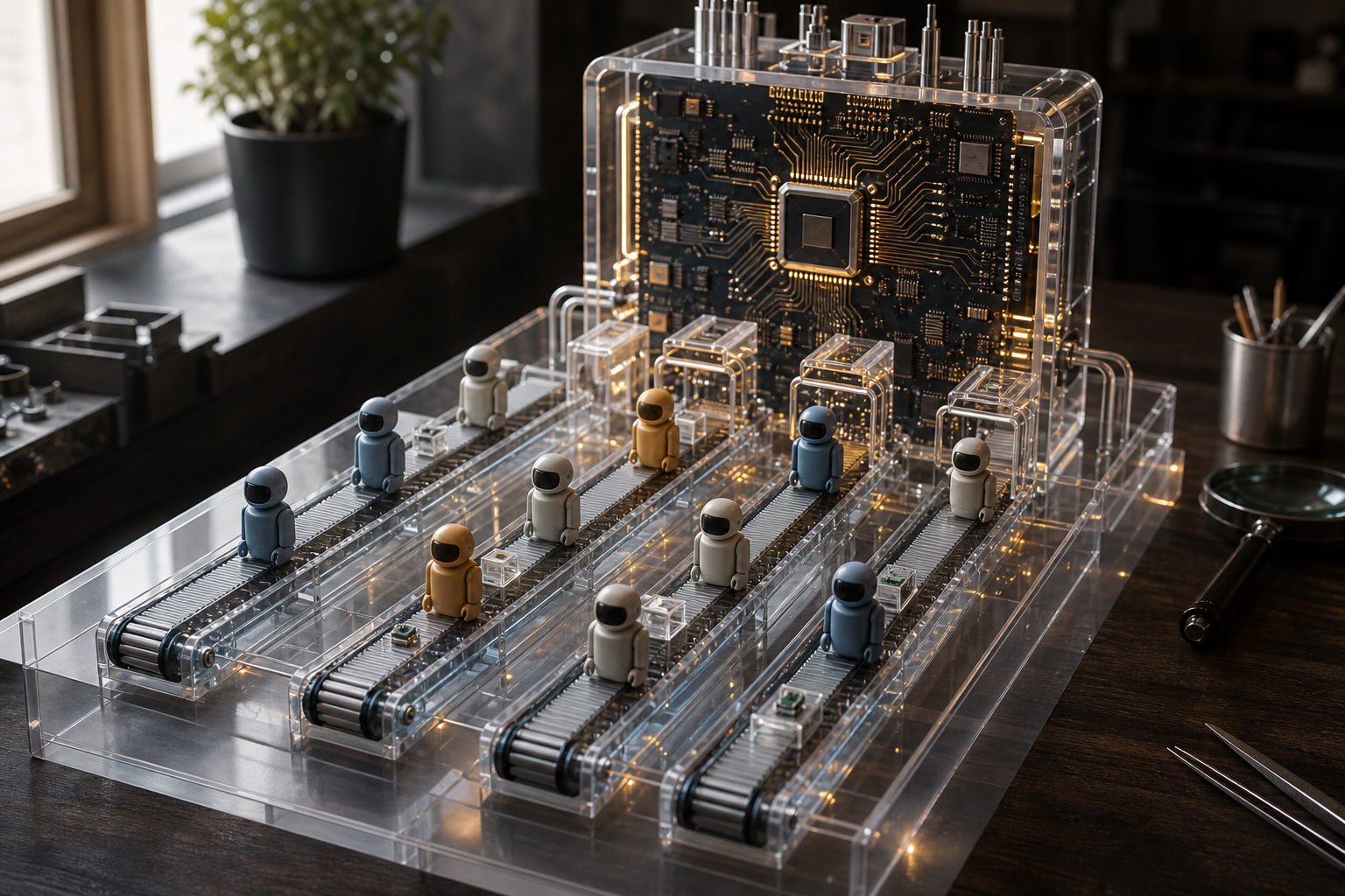 Editorial still life of a bench-scale smart factory model representing AI agents and orchestration.