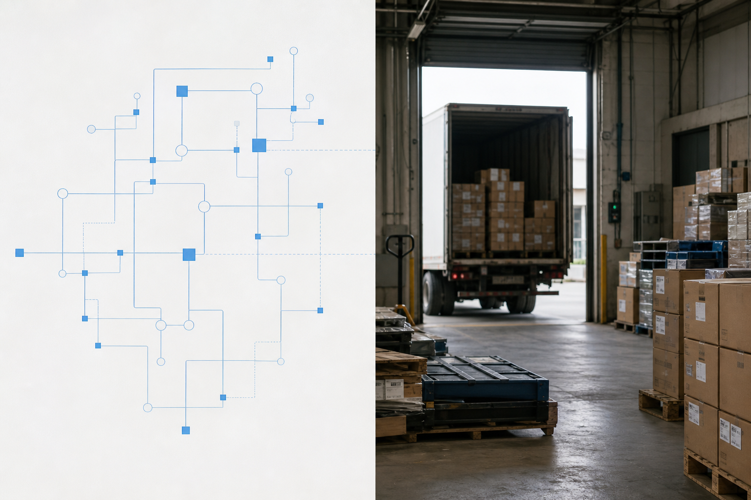 A split composition showing a clean digital route map overlaying a chaotic, congested physical loading dock.