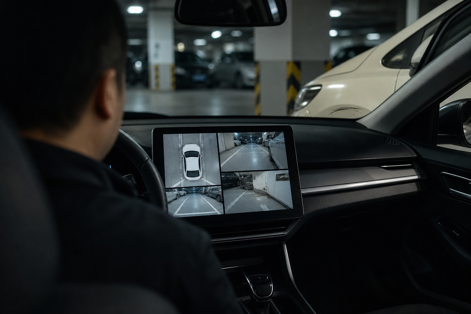 Driver in a parked car reviewing parking-lot incident footage on the dashboard screen.