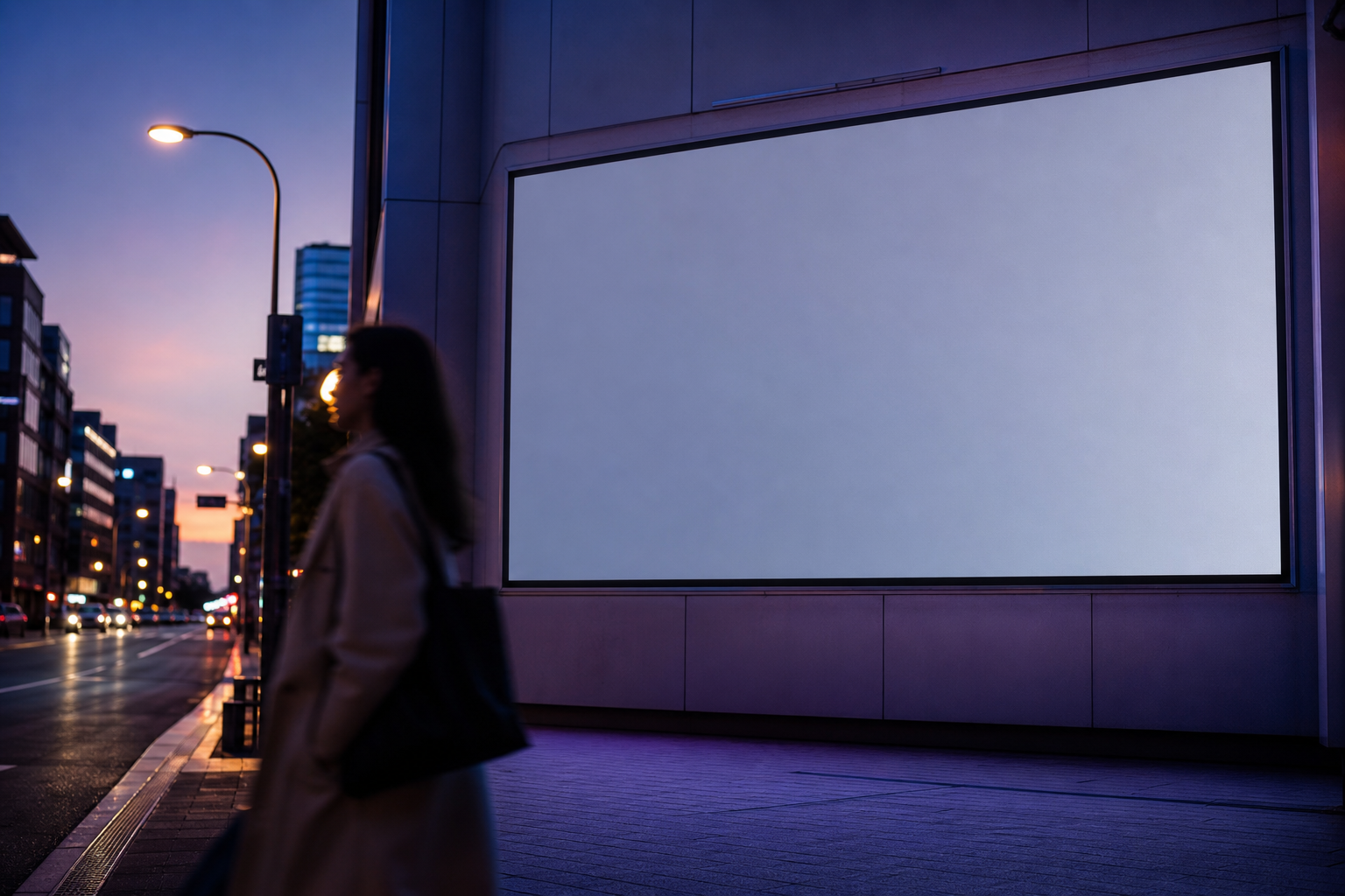 A cinematic street scene with a large blank LED screen in the background