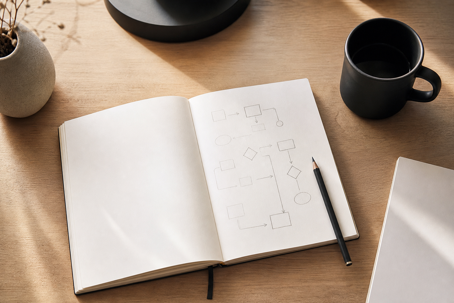 A minimalist desk setup featuring a notebook with hand-drawn flowcharts and a coffee cup, symbolizing organized technical planning.