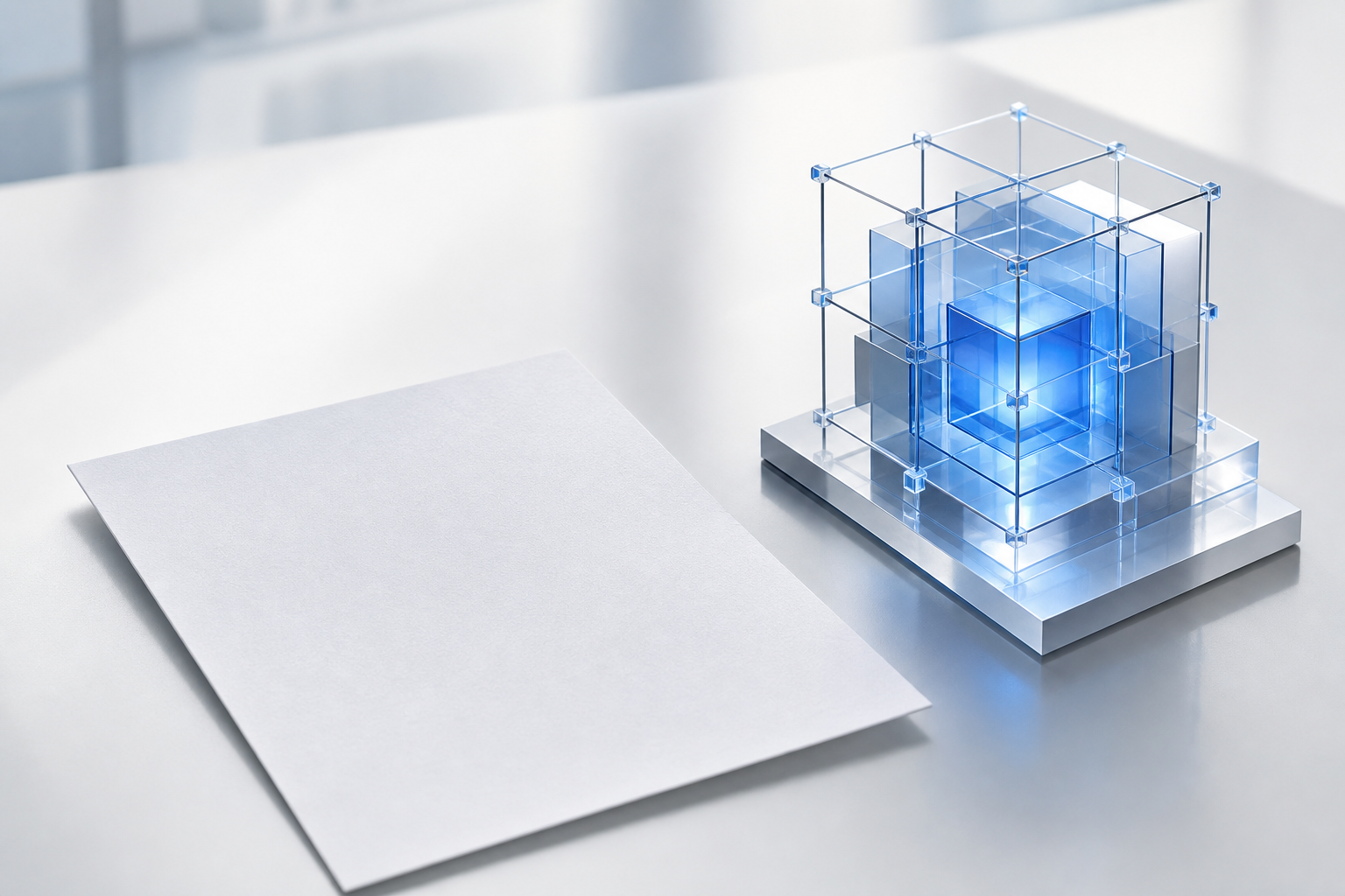 A stylized editorial composition showing a paper resume being processed by a sleek, abstract digital interface, symbolizing AI recruitment screening.