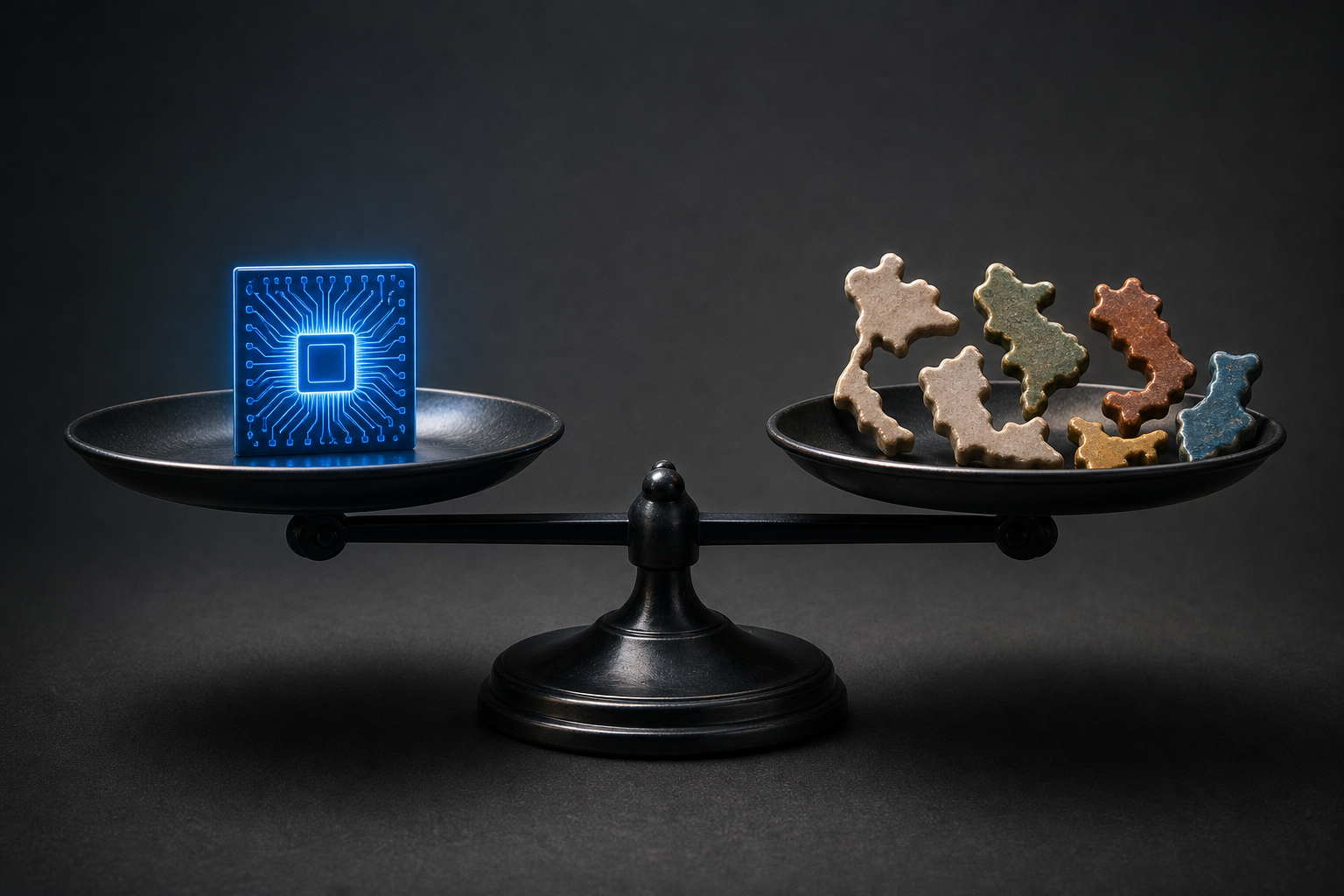 A stylized balance scale with a glowing AI chip on one side and a fragmented Southeast Asian map on the other.