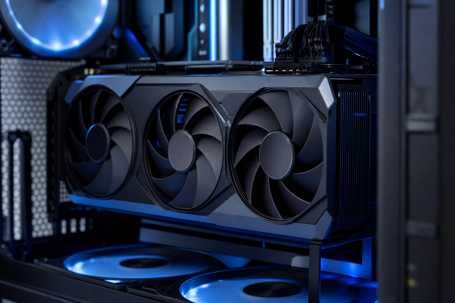 High-end graphics card inside a computer case with cooling fans
