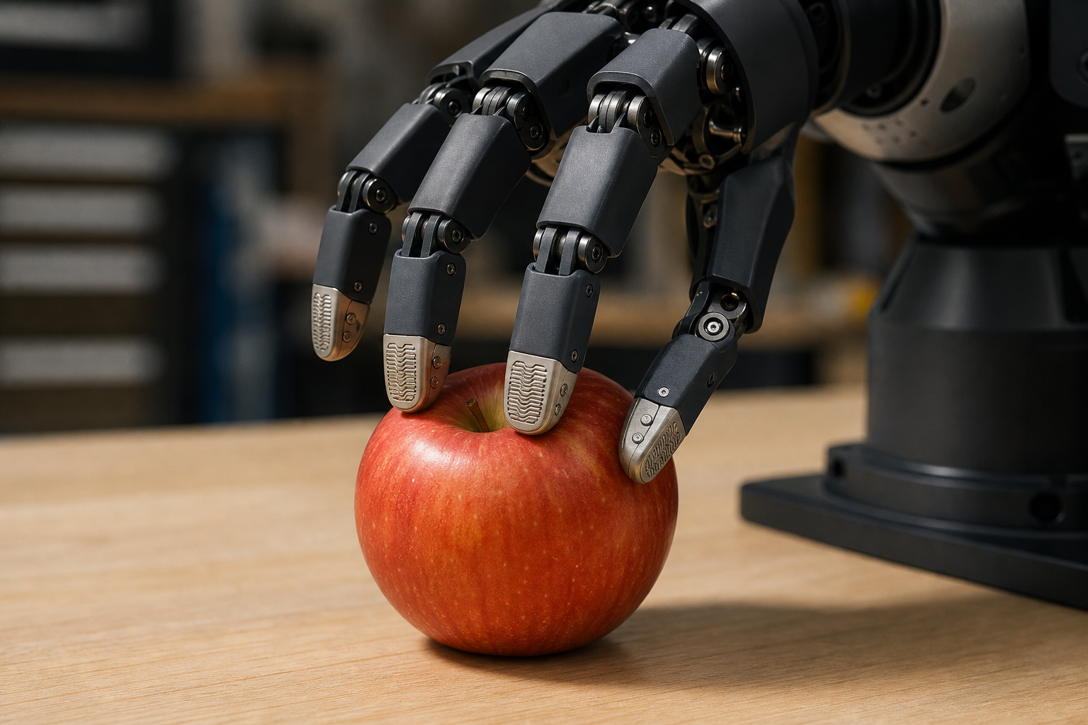 Editorial close-up of a robotic hand with tactile fingertips gently touching an apple on a workshop table, representing the gap between robot vision and touch s